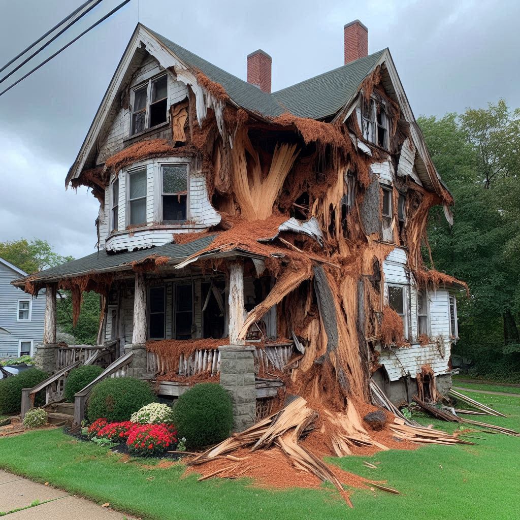Signs Your Weymouth Home Needs a Tree Inspection Blog Article - Tree with visible damage, including broken branches and signs of disease near an Weymouth home